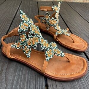 Tory Burch tan leather Embroidered  Pattern Strap Sandals size 8